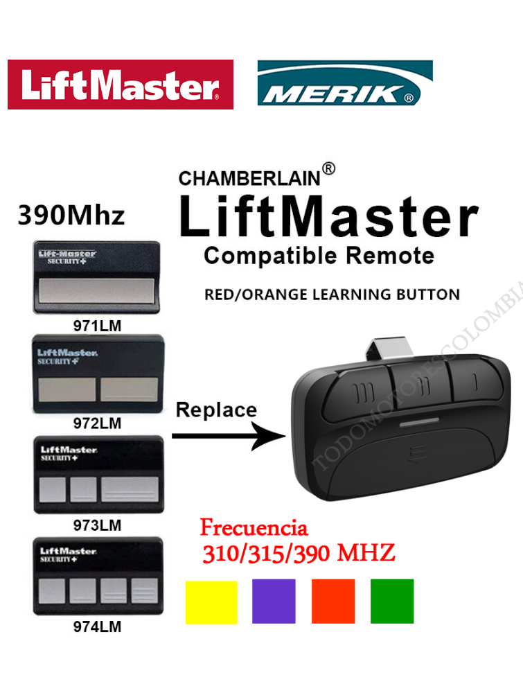 CONTROL REMOTO MULTIFRECUENCIA COMPATIBLE LIFTMASTER FRECUENCIA 310/315/390 MHZ